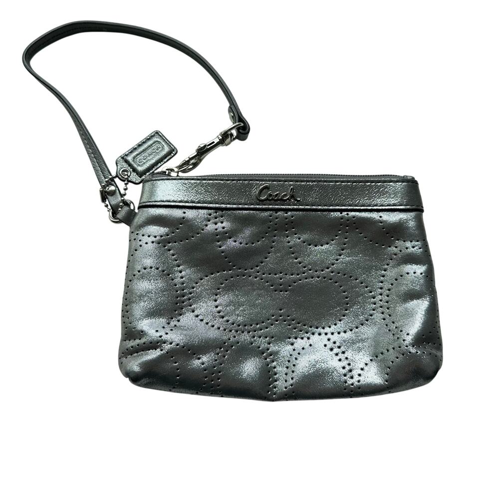 Coach Signature Perforated Metallic Silver Wristlet Zip Pouch Y2K